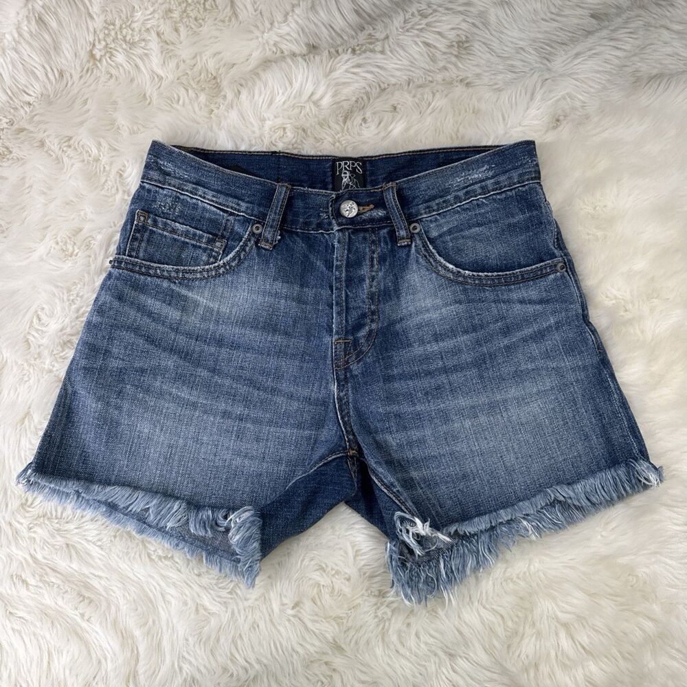 PRPS Galaxy True Boyfriend Shorts 24 (W27 Inseam 3.5) Blue Distressed Fray Women